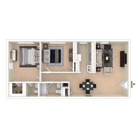 Floor plan for 2 beds, 2 baths, 740 sqft